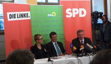Da sind die Chefs von Rot-Rot-Grün und plaudern über den Koalitionsvertrag "Wünsch dir was". Fotos: mip