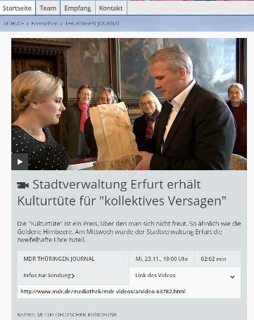 Negativpreis an Oberbürgermeister Bausewein für Sparen, Streichen, Schließen von Kultureinrichtungen in Erfurt. Fotos/Screenshots: mip